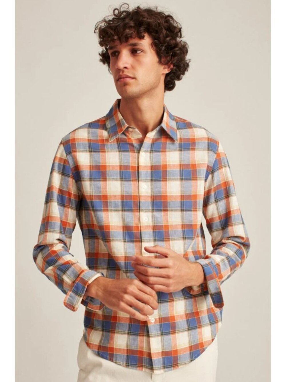 BONOBOS Easy Linen Slim Men's Shirt Plaid Multi